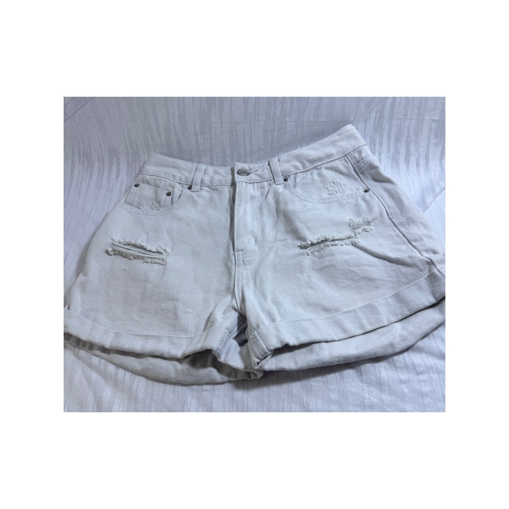 Veveret Womens White Distressed High Waisted Denim Shorts Cuffed Size M‎
